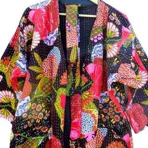Indian Handmade Kantha Quilt Long Jacket Kimono Women Wear Boho Black Color Front Open Quilted Jacket image 3