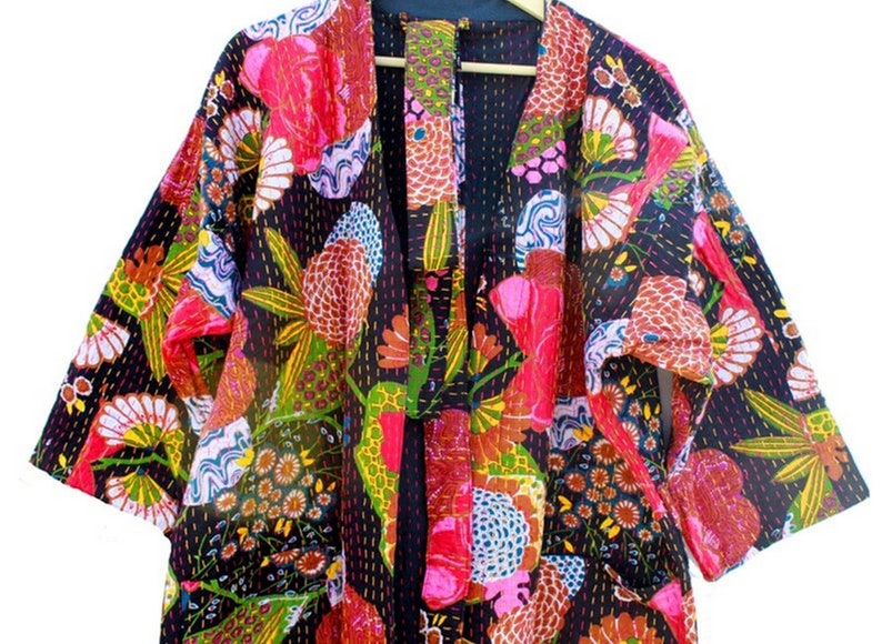 Indian Handmade Kantha Quilt Long Jacket Kimono Women Wear Boho Black Color Front Open Quilted Jacket image 3