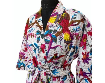 Indische Handgemachte Kantha Quilt Jacke Kimono Damen Tragen Boho Weiß Farbe Front Open Quilted Jacke Handgemacht Kantha Quilted Jacke Langjacke