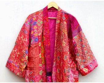 Indische Seide Kantha Handgefertigte Frauen Lange Kimono Robe Hippie Stil Kimono Kleid Handgemachter Gesteppter Kimono