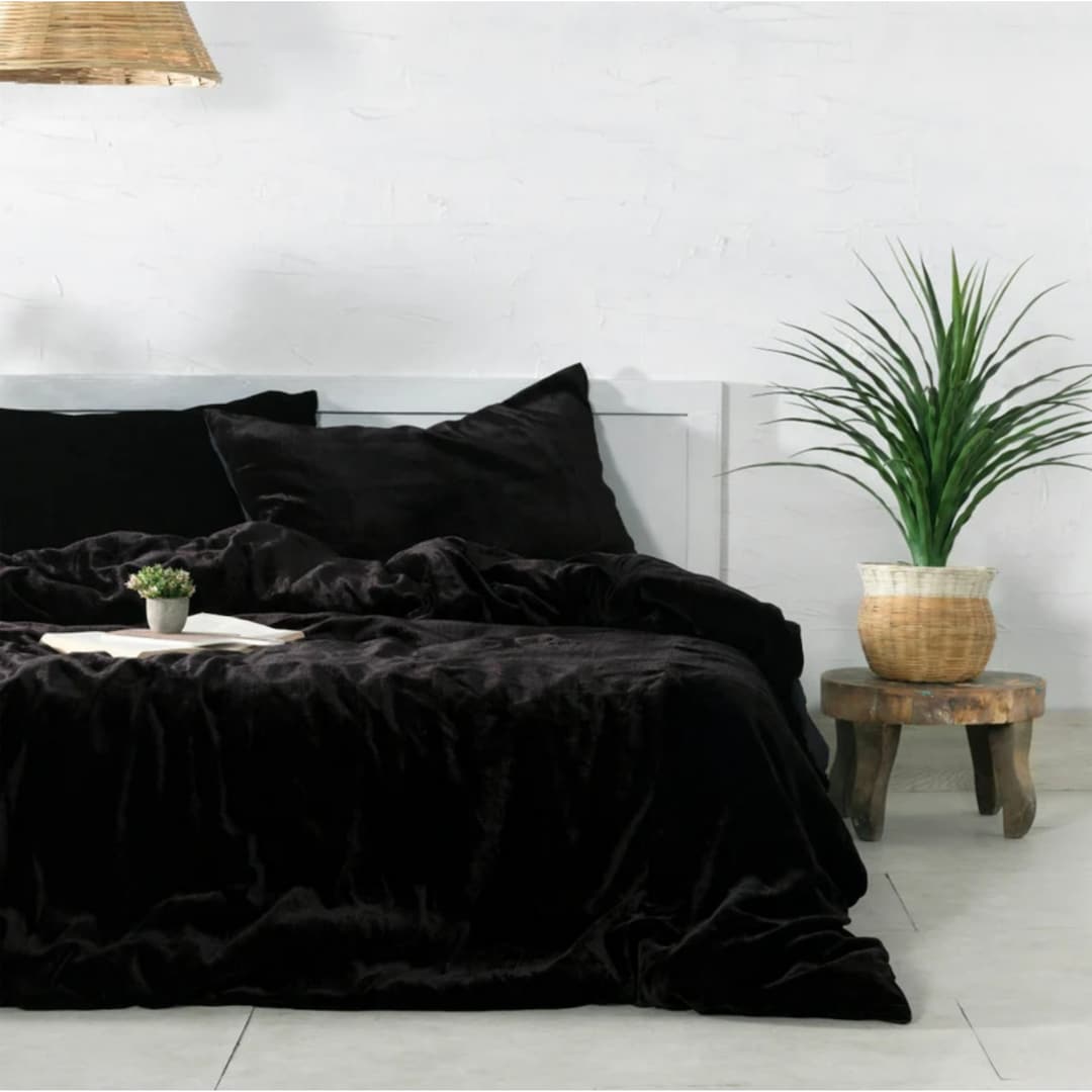 3 Pieces Set Luxury Crushed Black Velvet Duvet Cover Boho Etsy