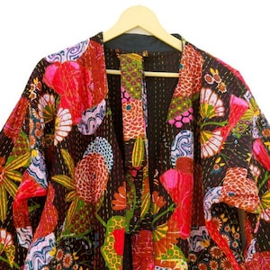 Indian Handmade Kantha Quilt Long Jacket Kimono Women Wear Boho Black Color Front Open Quilted Jacket image 4