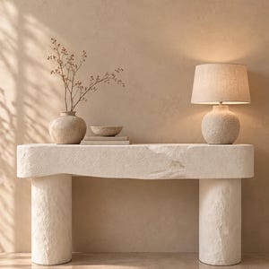 May include: A beige stone console table with a rough, textured surface and two cylindrical legs. On top sits a round vase with thin branches, a small bowl on two stacked books, and a table lamp with a textured base and a fabric shade.