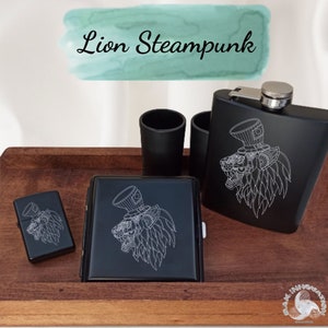 Lighter Cigarette Case Flask Set / Pocket Hip Flask - Metal Lighter - Cigaret Box / Advice Lion Steampunk Style Art Animal Lovers Decor