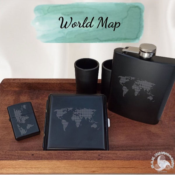 Lighter Cigarette Case Flask Set / Pocket Hip Flask - Metal Lighter - Cigaret Box /Advice New World Earth Global Map Atlas Tamriel Dotted