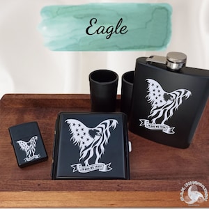 Lighter Cigarette Case Flask Set / Pocket Hip Flask - Metal Lighter - Cigaret Box / Advice American Bald Eagle Bird Juvenile In God We Turst