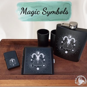 Lighter Cigarette Case Flask Set / Pocket Hip Flask - Metal Lighter - Cigaret Box / Advice Masonry Ritual Society Magic Symbols Secret Devil
