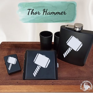 Lighter Cigarette Case Flask Set / Pocket Hip Flask - Metal Lighter - Cigaret Box Personalized /Advice Movie thr Hammer Mjolnir Norse