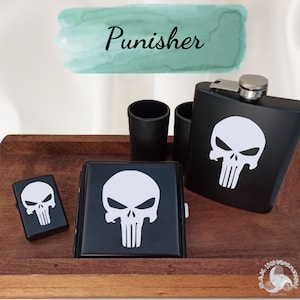 Lighter Cigarette Case Flask Set / Pocket Hip Flask - Metal Lighter - Cigaret Box / Advice Punisher Skull Concealmen Frank Castle Dare Devil