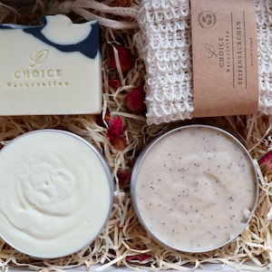 Coffret cadeau vegan SPAtisfaction – Savon naturel, beurre corporel et gommage au sucre – Coffret zéro déchet