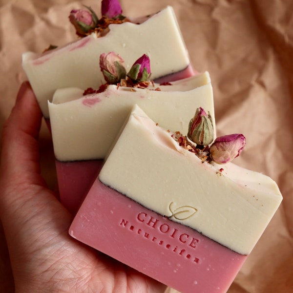 Natural MINT ROSE soap with organic cocoa butter, nourishing handmade soap with real rosebuds - rose soap, guest gift, party favor