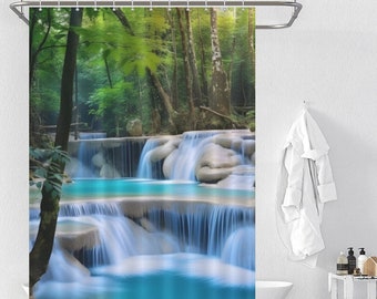 Scenery Waterfall Shower Curtain, Forest 3D Shower Curtain, Bathroom Art Decoration,Home Décor Gift,Waterproof Curtain With Hooks