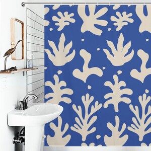 Blue Boho Abstract Shower Curtain, Mid-Century Plant Shower Curtain For Bathroom, Bathroom Decoration, Waterproof With 12 Hooks image 3