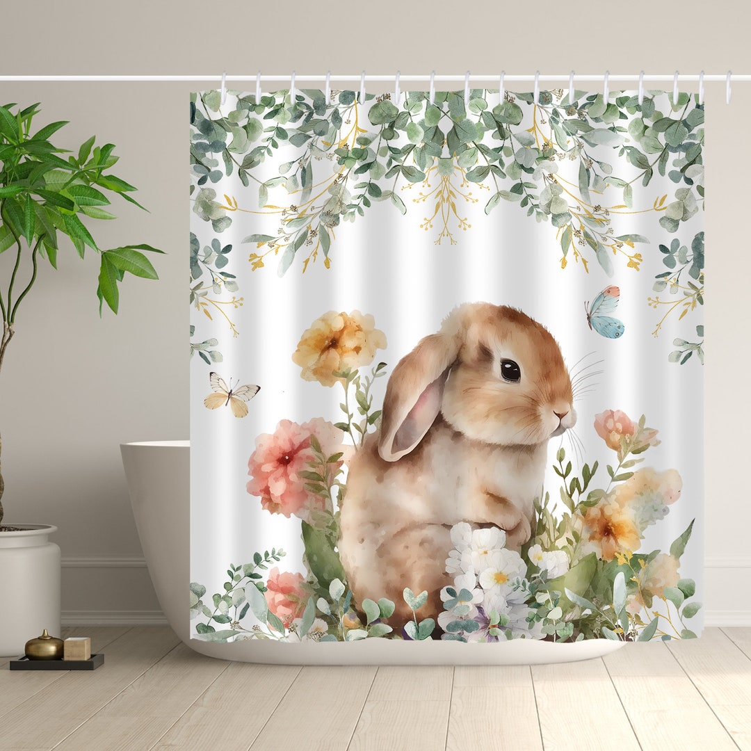 Spring Shower Curtain, Easter Bunny Shower Curtain, Watercolor Rabbit ...