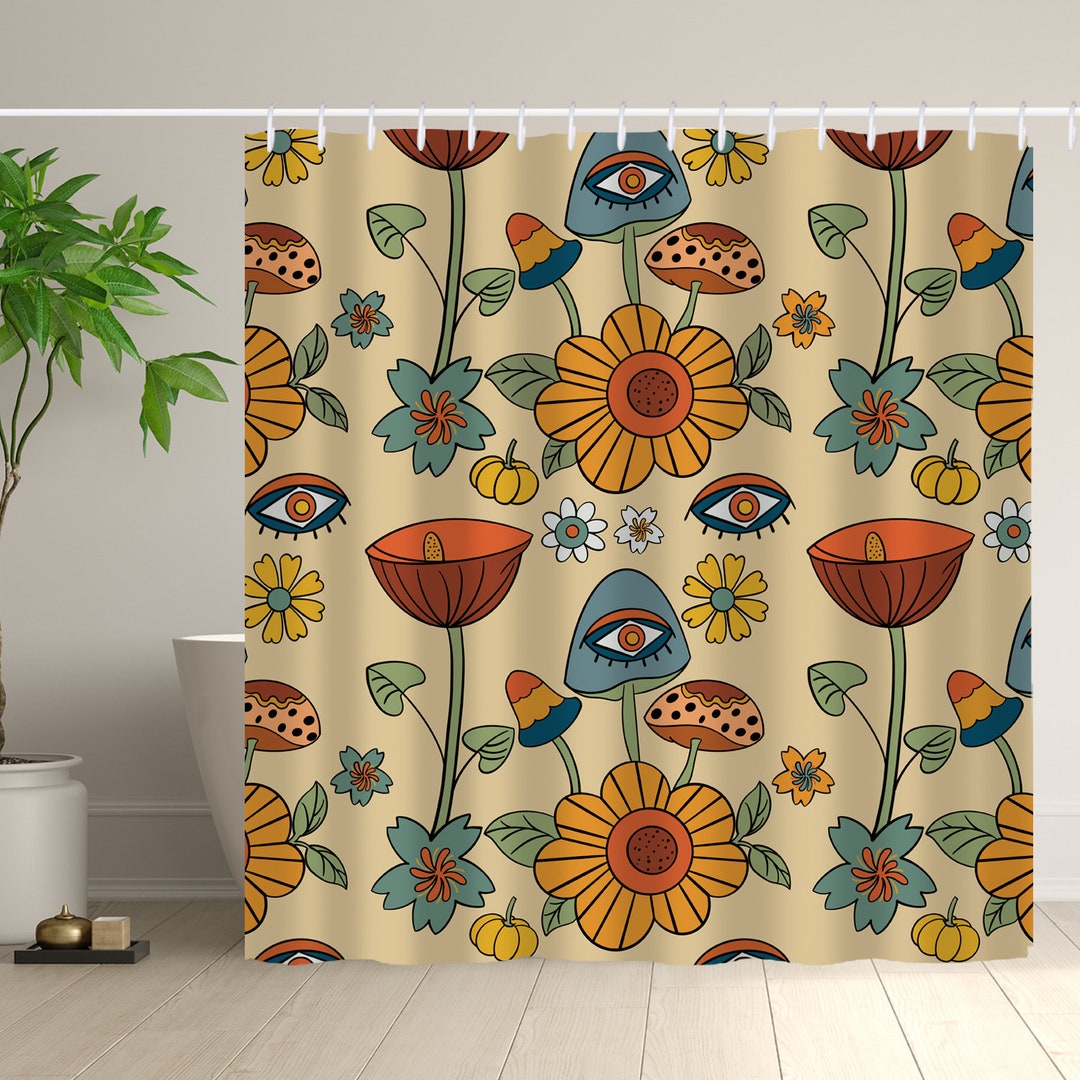 Mushroom Shower Curtain, Magic Mushroom, Hippie Flowers Eye Decor