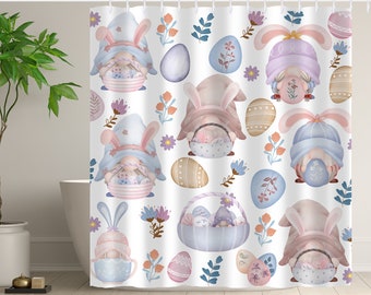 Easter Gnomes Shower Curtain, Egg Shower Curtain, Watercolor Bunny Curtain with Hooks, Shower curtain for Bathroom, Room Decoration