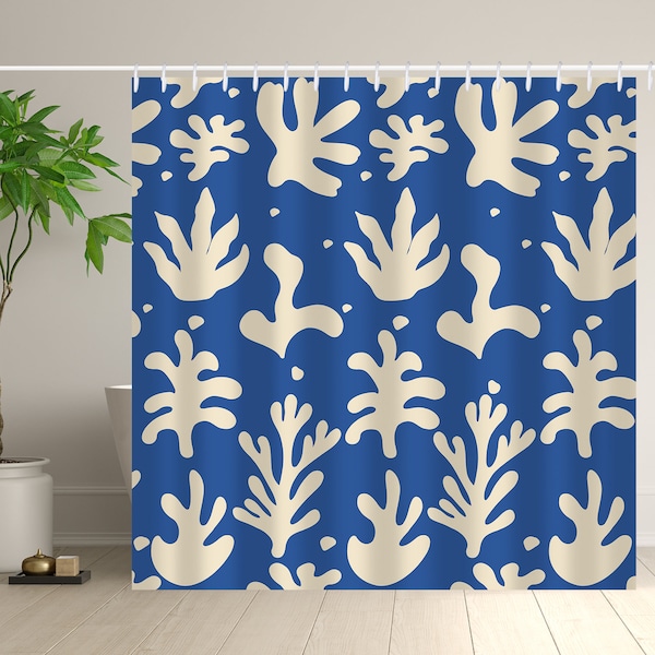 Blue Boho Abstract Shower Curtain, Mid-Century Plant Shower Curtain For Bathroom, Bathroom Decoration, Waterproof With 12 Hooks