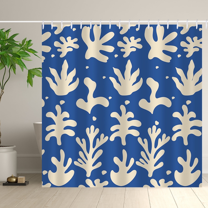 Blue Boho Abstract Shower Curtain, Mid-Century Plant Shower Curtain For Bathroom, Bathroom Decoration, Waterproof With 12 Hooks image 1