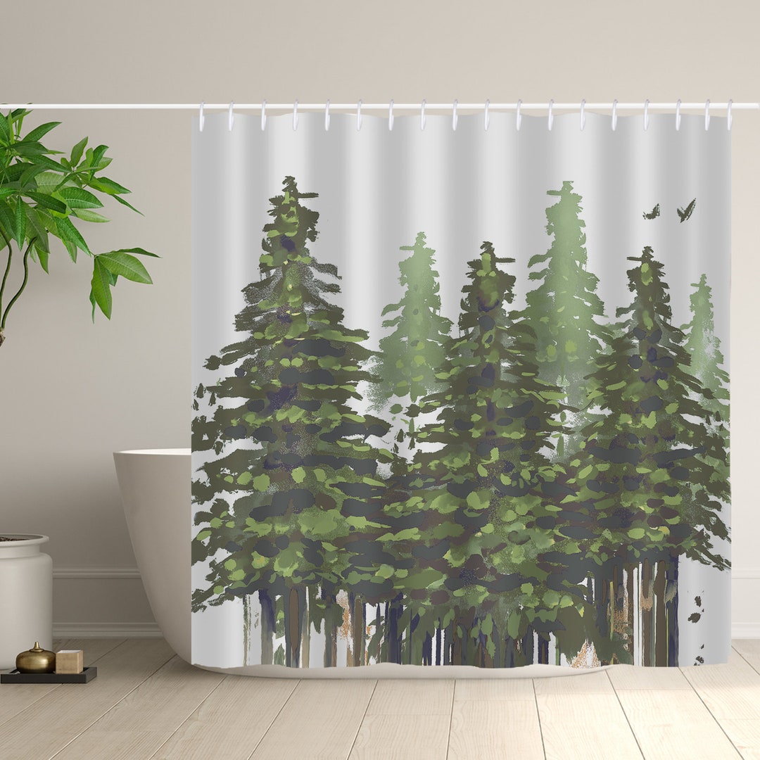 Mountain Forest Shower Curtain, Watercolor Forest Bathroom Decor