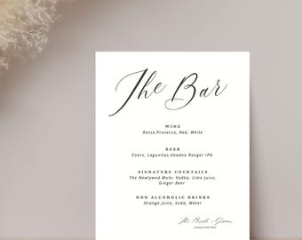 Szablon menu baru weselnego, znak na drinki weselne, nowoczesny minimalistyczny znak menu drinków, minimalistyczny szablon menu baru, edytowalny szablon, Canva