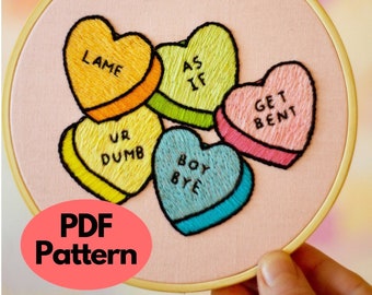 PDF Stickmuster / Candy Hearts Stickmuster / Digitale Handstickerei / Modernes Stickmuster / Zeitgenössische Stickerei