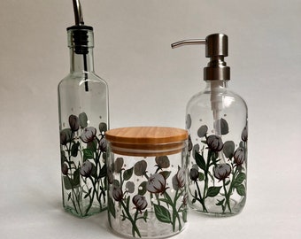 Hand painted olive oil, dish soap bottle with cotton for kitchen or bathroom