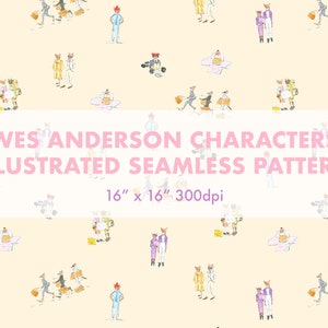 Wes Anderson Inspiriertes Muster Digital Download Illustriertes Aquarell wiederholendes nahtloses Muster