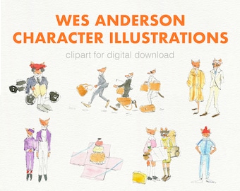 Wes Anderson Clip Art for Digital Download Watercolor and Pen Illustrations