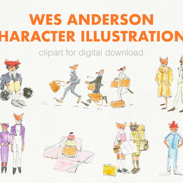 Wes Anderson Clip Art for Digital Download Watercolor and Pen Illustrations