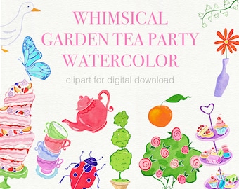 Może przedstawiać: Ilustracja akwarelowa z tekstem "WHIMSICAL GARDEN TEA PARTY WATERCOLOR clipart for digital download". Obraz przedstawia różowy czajnik, ułożone w stos filiżanki, motyla, biedronkę, ciasto i inne elementy związane z ogrodem.