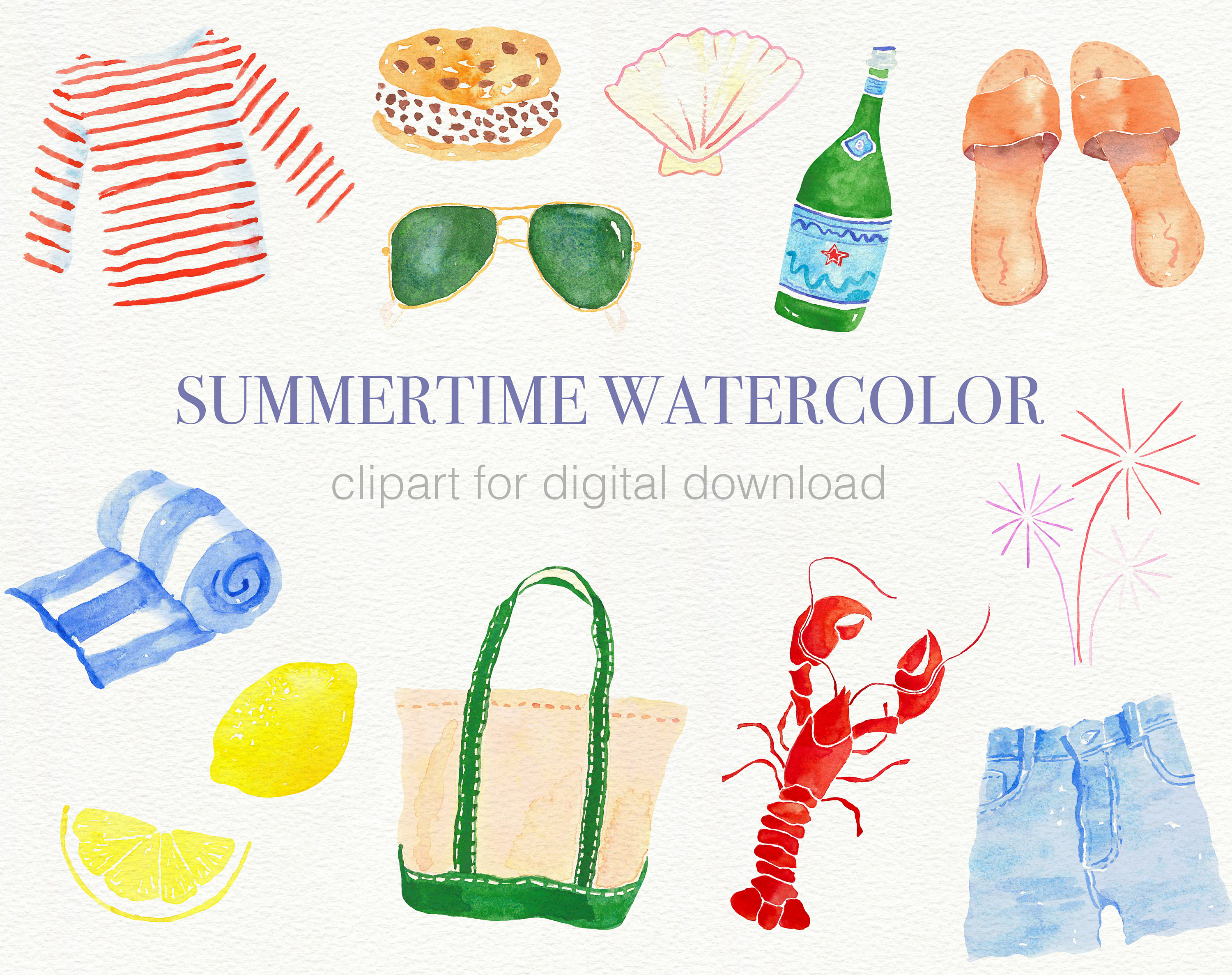 Summertime Watercolor Illustration Clip Art for Digital Download