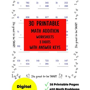 Może przedstawiać: Biały arkusz z zadaniami z dodawania, z tekstem "30 Printable Math Addition Worksheets 3 Digits with Answer Keys." Żółte koło z napisem "Digital Download" i cechami.