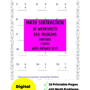 Może przedstawiać: Wydrukowany arkusz matematyczny z zadaniami z odejmowania. Arkusz zawiera 30 arkuszy, 450 zadań i klucze odpowiedzi. Obramowanie jest ozdobione rożkami lodów. Tekst na arkuszu brzmi "Math Subtraction".