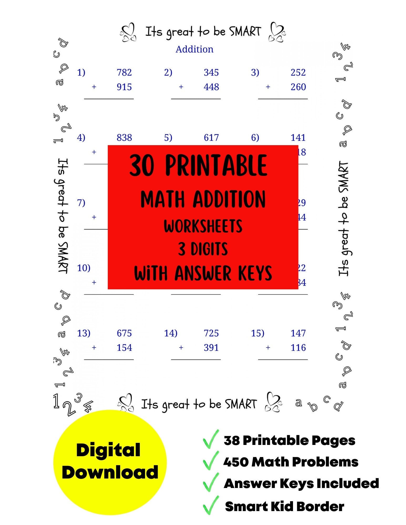 30 math addition worksheets 450 math problems 38 pages 8 etsy