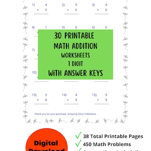 Może przedstawiać: Wydrukowany arkusz matematyczny z zadaniami z dodawania. Arkusz zawiera 30 wydrukowanych arkuszy dodawania z kluczami odpowiedzi. Obraz ma uroczą obwódkę ważki i tekst "Pobieranie cyfrowe".