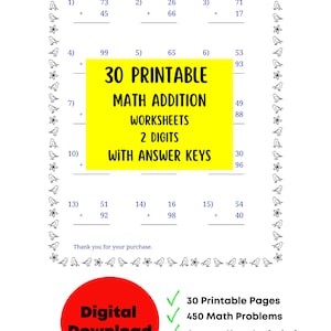 Może przedstawiać: Wydrukowany arkusz matematyczny z zadaniami z dodawania. Arkusz zawiera tekst "30 Printable Math Addition Worksheets 2 Digits With Answer Keys". Czerwone koło z napisem "Digital Download" znajduje się w lewym dolnym rogu.