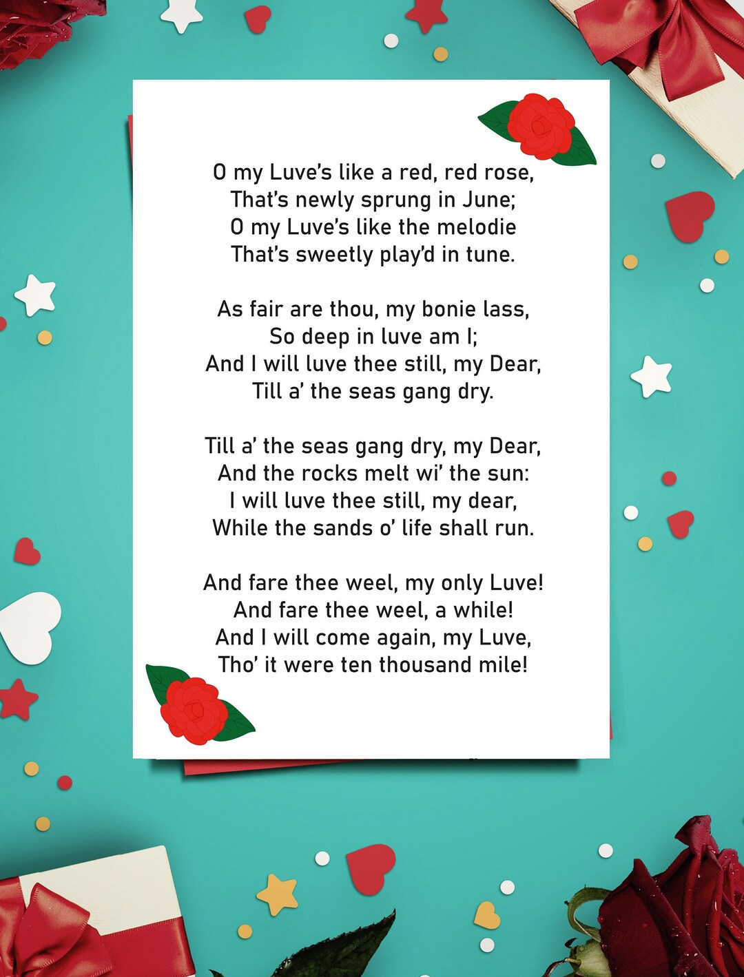 My Love is Like a Red, Red Rose Poem Valentine Card by Robert Burns / Digital Download
