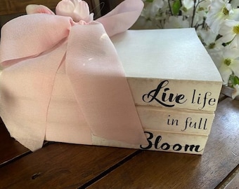 Farmhouse Decor / Farmhouse Book Stack / Live life in full Bloom / Unbound Book Stack / Home Decor / Bookshelf Decor /Spring Decor