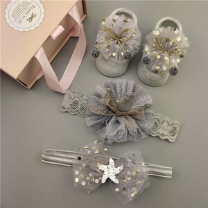 Baby Girl Headband and Bootie Set,Newborn Headband and Bootie Set,Baby Headband and Socks,Baby Shower Gift,Gray Crown Star Headband Set,