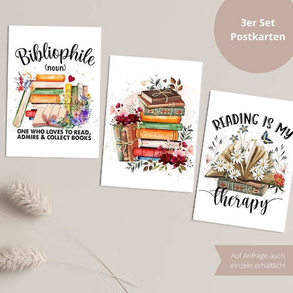 Bücher mit Blumen Karten Set | Geschenk für Buchliebhaber | Bilder Set 3-teilig