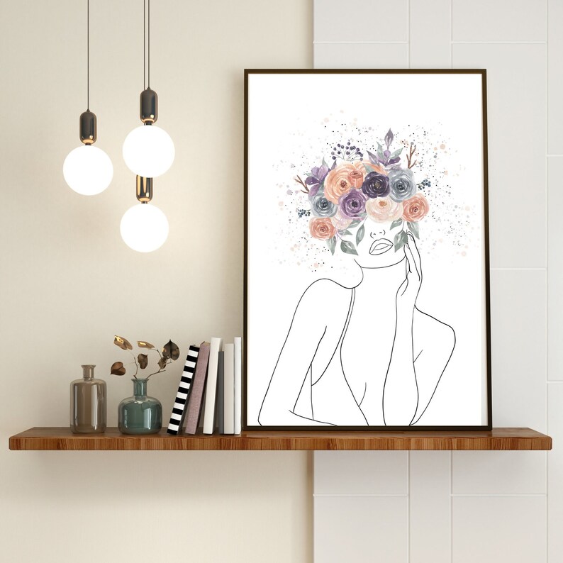 Line Art Frau mit Blumenkopf minimalistische Kunst - Etsy.de