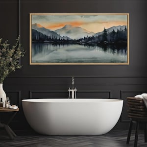 Abstract Mountain Landscape | Sunset Lake Panoramic Canvas | Extra Large Wall Art for Living Room