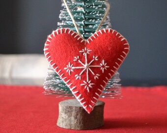 Handmade Felt Heart Ornament: Embroidered Snowflake, Holiday Decor