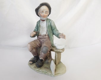 Vintage Lefton, Man on Bench, Man with Birds, Ceramic, Figurine, Unique Statue, Hobo, Tattered Clothes, Green and Brown, Estate Sale Find