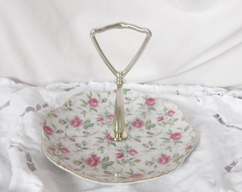 Tidbit Plate, Vintage, Pink Flowers, Lefton China, Plate with Handle, Small Plate, Center Handle, Tidbit Tray, Estate Sale Find, Collectible