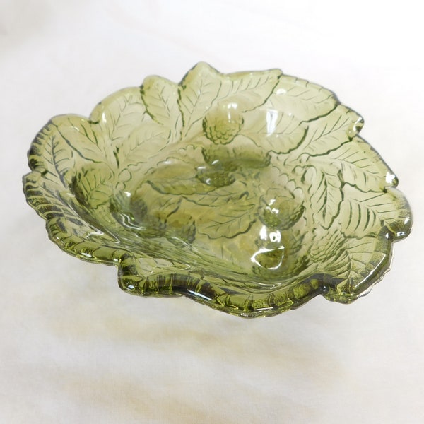 Vintage Dish, Green Glass, Loganberry, Indiana Glass, Serving Dish, All Seasonal, Berries and Leaves, Collectible, Nut Dish, Candy Bowl