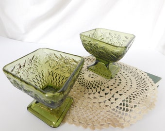 Vintage Compotes, Set of 2, Green Glass, Indiana Glass, 1970's, Floral Pattern, Diamond Shaped, Pedestal Bowls, Retro Decor, Collectible