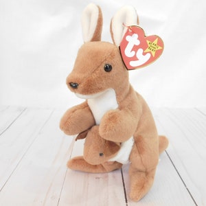 Vintage Kangaroo, Beanie Baby, TY, Original, Pouch, 1996, Vintage Toys, Kangaroo and Baby, PVC Pellets, Collectible Toys, Stuffed Animals