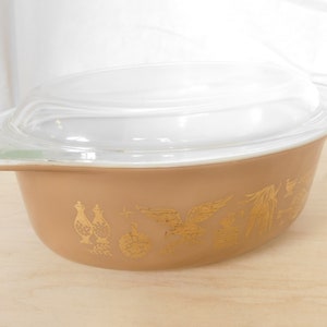 Vintage Pyrex, Early American, Casserole Dish, 043, 1.5 Quart, Gold and Brown, Dish with Lid, 1960&#39;s, Retro Bakeware, Made in USA, Kitchen