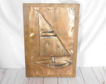Vintage Sailboat Art, Hammered Copper, Wall Decor, Wall Hanging, Nautical, Wood Plaque, 3D Sailboat, Beach House Decor, Estate Sale Find